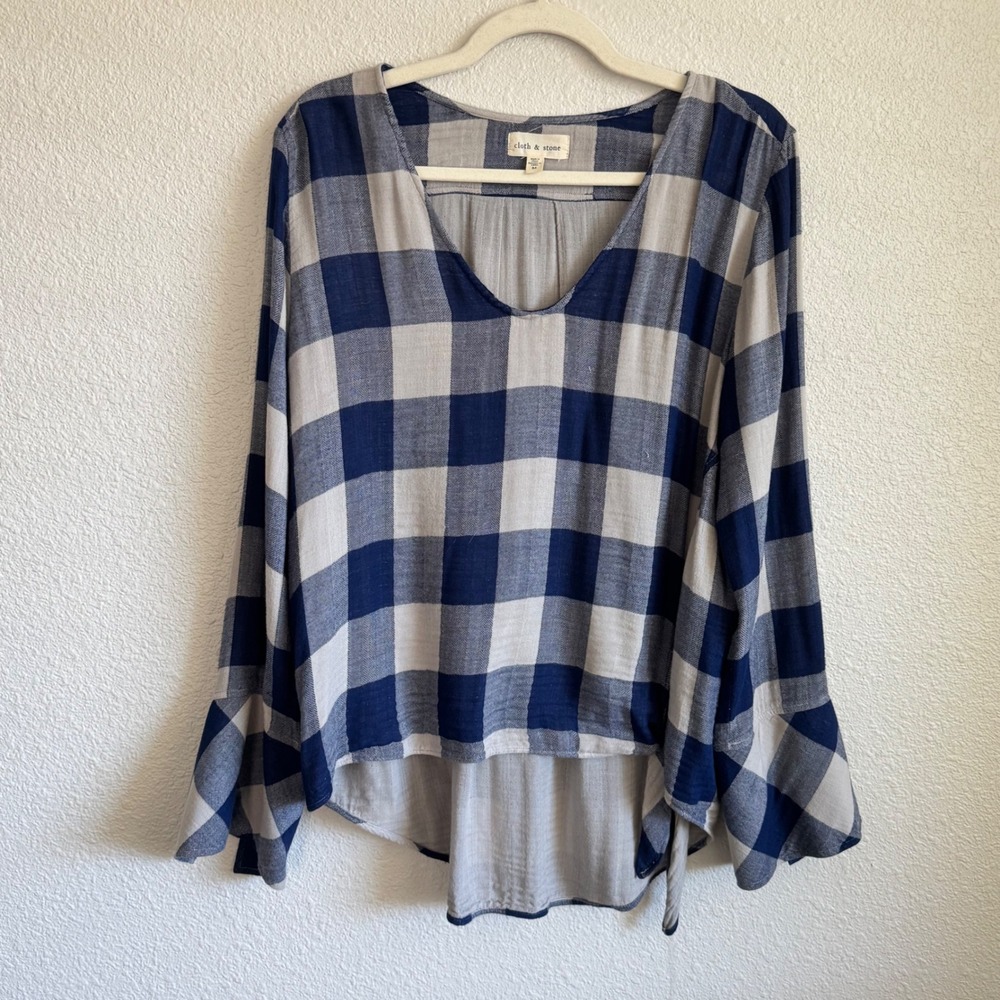 Cloth & Stone Anthropolgoie Blue Grey Gingham Print High-Low Side Tie Blouse M